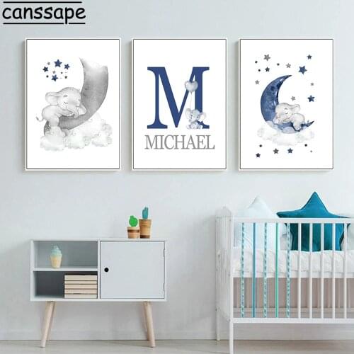Nursery Wall Art Print Custom Name Canvas Posters Clouds Moon Stars Paintings Elephant Prints Baby Pictures Kids Bedroom Decor