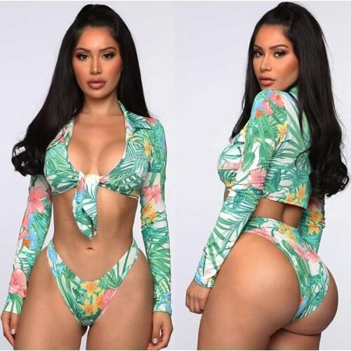 2021 New Sexy Long Sleeve Bikini Women Push Up Swimsuit Print Floral Bathing Suits Beachwear Brazilian Bikini Set Biquini Female