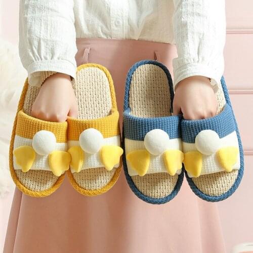 New Women Hemp Slippers Cute Cartoon Duck Bedroom Couples Cotton Shoes Breathable Non-slip Home Ladies Funny Slides