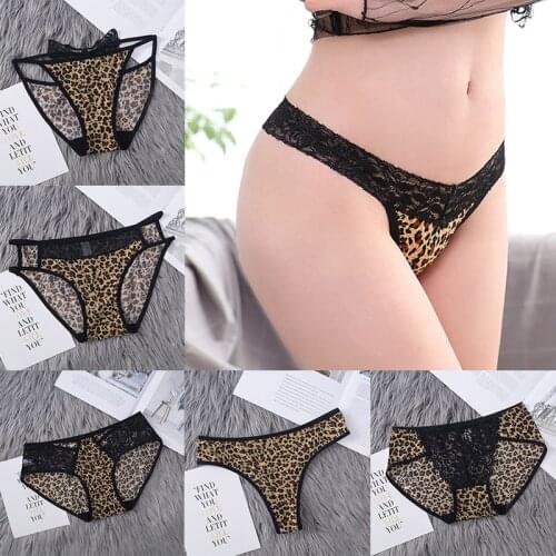 New Fashion Womens Underwear Sexy Leopard Lace Patchwork Panties Seamless Underwear Panties Ice Silk Bikini Thong Shorts