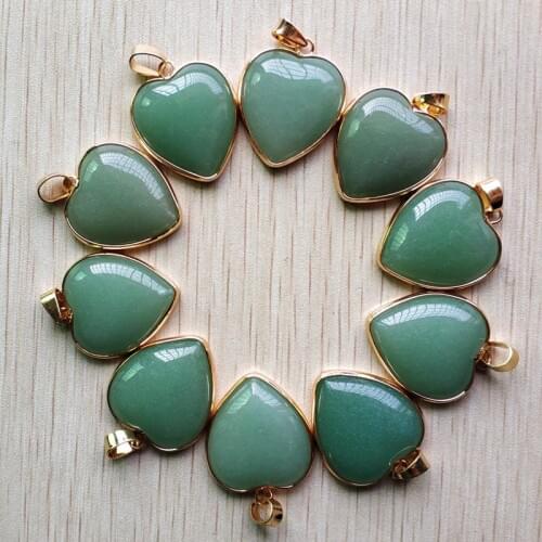Wholesale 10pcs/lot 2019 New high quality natural green aventurine gold side heart shape pendants 25mm for jewelry making free