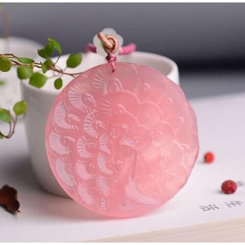 Wholesale Pink Natural Crystal Pendants Carved Peacock Pendants Sweater Chain Necklace Lucky for Women Girl Crystal Jewelry