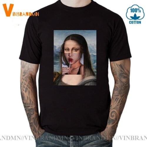 Parody Mona Lisa sucking lollipop T shirt Geek Funny Sexy Mona Lisa T-shirt Summer Latest Design Fashion Tee Shirt