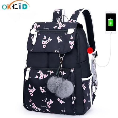 OKKID pink flower school backpack for girls women travel laptop backpack usb charging backpacks for children student schoolbag