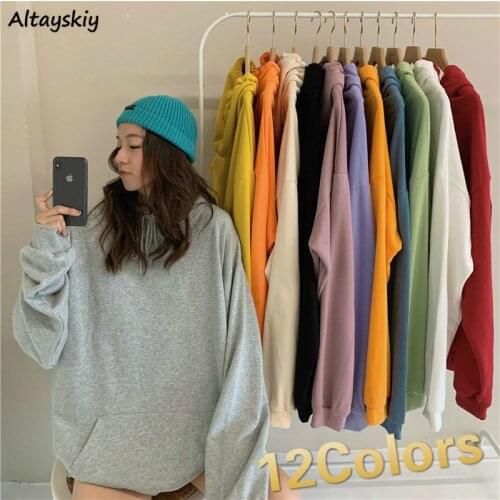 Hoodies Women Solid Simple Oversize Hooded Bf Couple Students Womens Korean Style Sweatshirts Casual Pockets Pullover Fashion