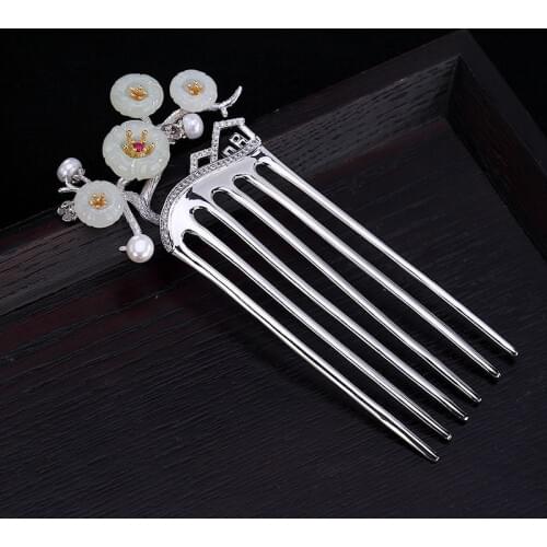 Luxury Hair Combs Natural Hetian Jade S925 Silver Hair Jewelry Vintage Plum Blossom Flower Hairpins For Women Hair Accessories