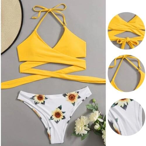 Women Swimwear High Waist Summer Floral Print Bikini Mujer 2021 Set Push-Up Swimsuit Beachwear Padded Swimwear New Moda Yellow