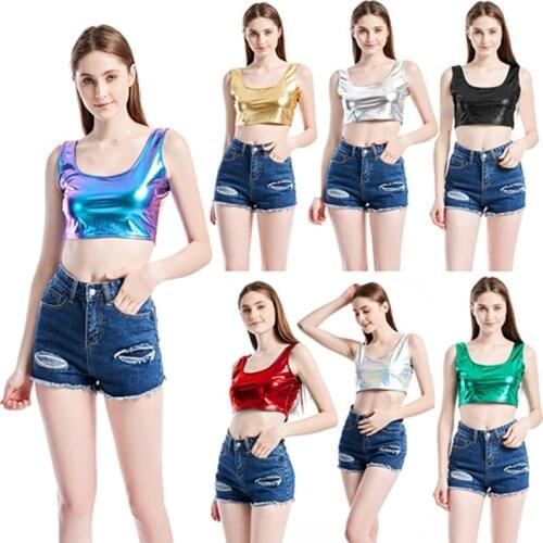 Ensnovo Womens Summer Tops Metallic Shiny Rave Festival Tank Tops Short Tube Tops for Evening Party