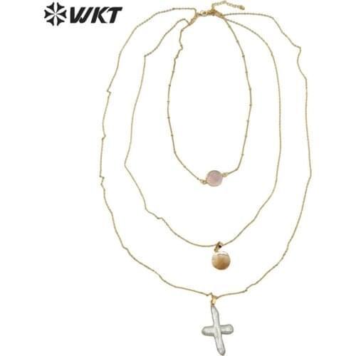 Jn109 hot jewelry lady fashion triple layer choker necklace handmake gold brass chain pearl shell choker necklace as gift