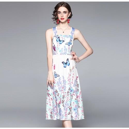 Fashion Runway Summer Midi Dress Womens Beading Floral print Elegant Bohemia Vacation Spaghetti Strap Dress k8298