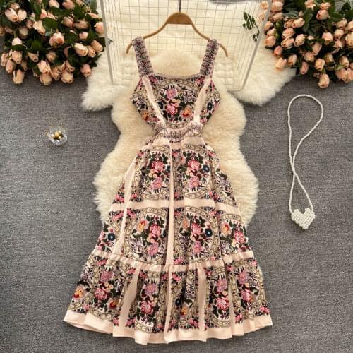 Europe Style 2021 Summer New Hit Elegant Women Sleeveless Retro Floral Print A Line Dress Fashion Ladies Vacation Party Dresses