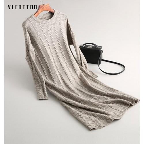 High Quality Autumn Winter Thick Twist Midi Dresses Women O-Neck Long Sleeve Solid Casual Knitted Sweaters Dress Ladies Vestidos