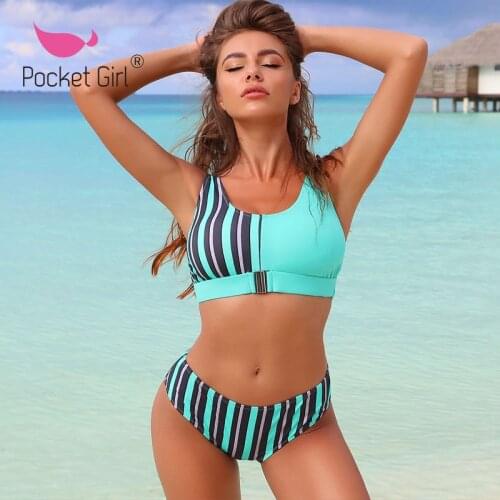 Pocket Girl 2020 Women Volleyball Bikinis Set Summer Tankini Sexy Swimwear Female Push Up Padded Bikini Sling Zipper Swimsuit