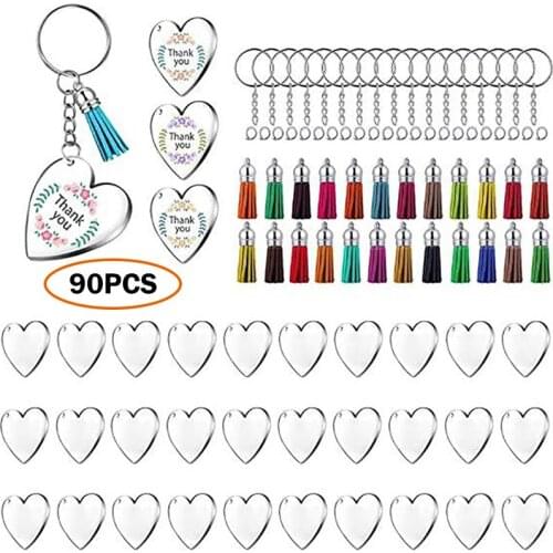 72/90PCS Transparent Acrylic Blank Key Chain Set Star Round Heart DIY Key Ring Pendant Unpainted Round Discs Colorful Tassel
