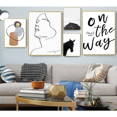 Abstract Line Figure Black Horse Road Wall Art Minimalist Print Canvas Paintings Nordic Poster Sex Woman Picture For Room Decor