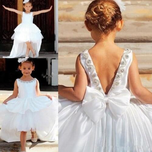 White High Low Ball Gowns Flower Girls Dresses Beaded Tiered First Holy Communion Dresses Kids Birthday Party Gowns