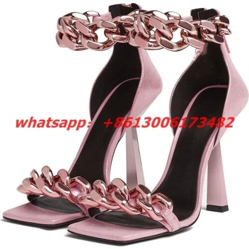 Design fashion woman Cow leather chain square toe woman sandal high heel woman gold chain open square toe sandal