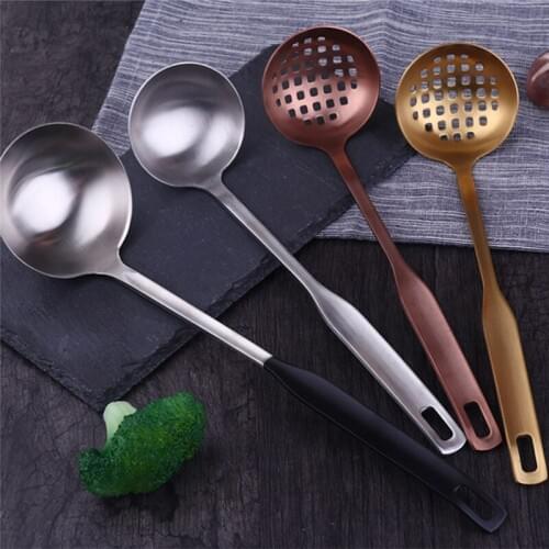Long Handle Golden Stainless Steel Soup Ladle&Slotted Colander Spoon Set Hot Pot Strainer Filter Skimmer Kitchen Cooking Tool