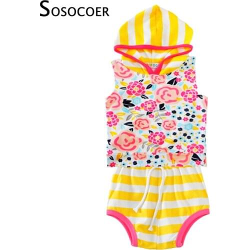 SOSOCOER Baby Clothing Set Girls Clothes 2017 Summer Flower Hooded Sleeveless Tops+Stripe PP Pants 2pcs Kids Girl Clothing Sets