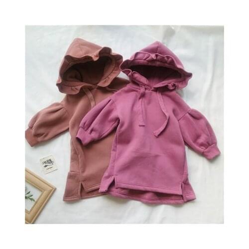 Girls Korean Long Sleeve Hoodie Kids Girl Pink Ruffles Hooded Dress Children Autumn Winter Casual Sweatshirts Clothing Outerwear