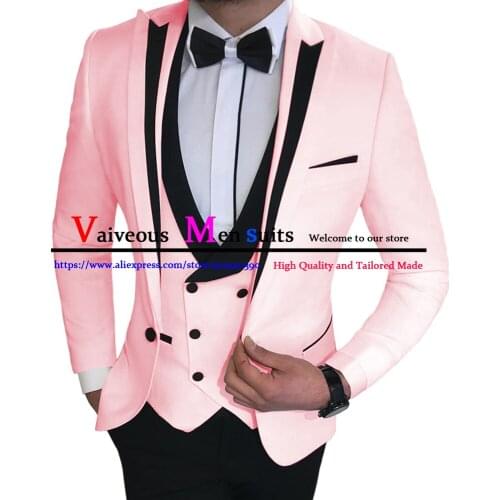 Suit Men 3 Pieces Slim Fit Notched Lapel Groomsmen Male Prom Party Dress Pink/Red/Blue Tuxedo for Wedding( Blzaer+Vest+Pants)