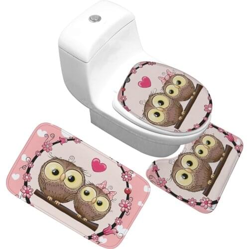 Bath Mat Bathroom Carpet Set Cute Cartoon Couple Owl Pattern Anti Slip Pedestal Rug Lid Toilet Cover 3pcs/set Christmas Decora