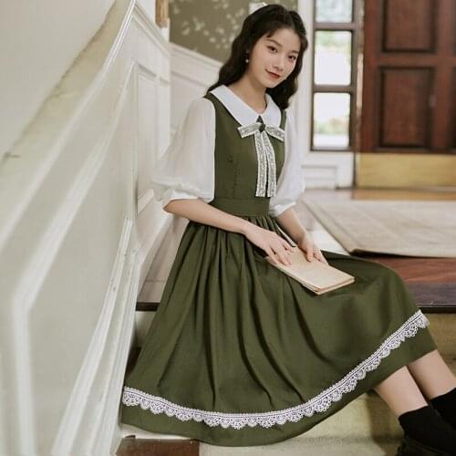 Summer Preppy Style Dresses Women 2021 Summer Lace Stitching Lantern Sleeves Ladies Sweet Cute Bow Doll Collar Kawaii Dress