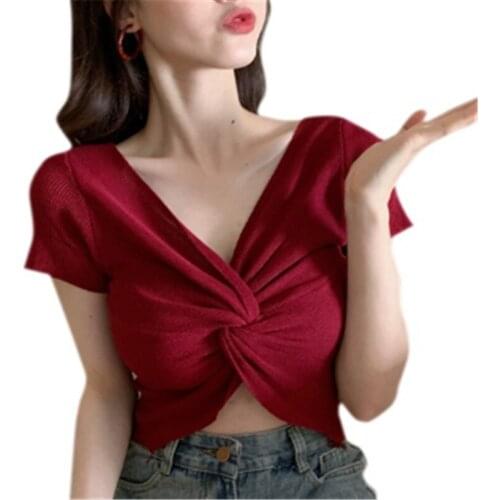 Summer new fashion all-match solid color bottoming shirt knitted short-sleeved sexy ladies top