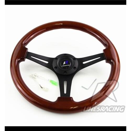 LR Universal 14" 350mm Wood Grain Steering Wheel 6 Bolts 1.75" Dish 3-Spoke Wood