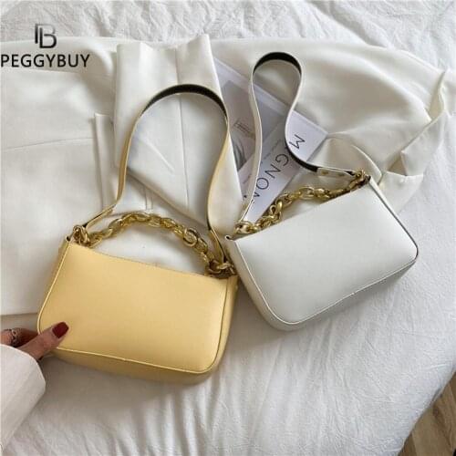 Fashion Women Pure Color PU Leather Shoulder Underarm Bag Casual Ladies Thick Chain Small Handbags