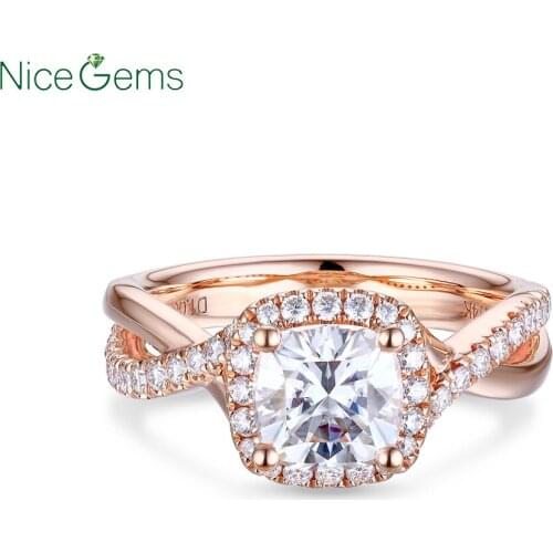 NiceGems Solid14K 585 Rose Gold Center Cushion 6.5mm*6.5mm D Color Moissanite Halo Twist Lab Grown Moissanite Enggagement Ring