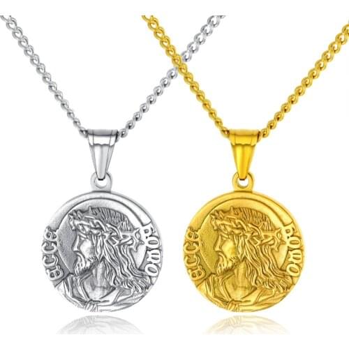 Punk Stainless Steel round Mans Pendant Necklace for cool Male Jesus Christ Head portrait man Jewelry Accessories boy gift