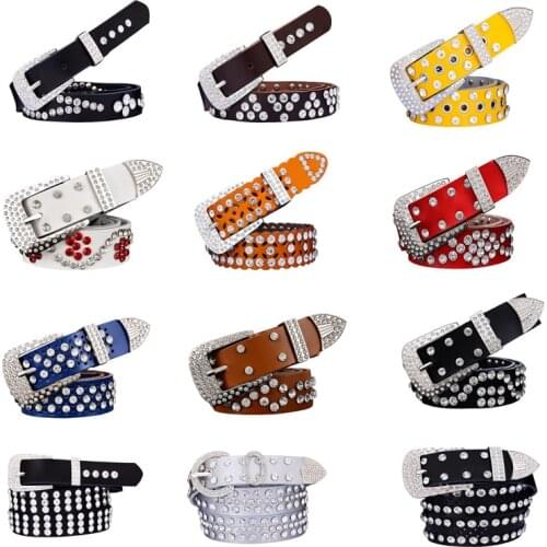 Fashion Genuine Leather Rhinestone Belts For Women Luxury Pin Buckle Belt Woman Quality Second Layer Cow Skin Strap Width 3.3cm