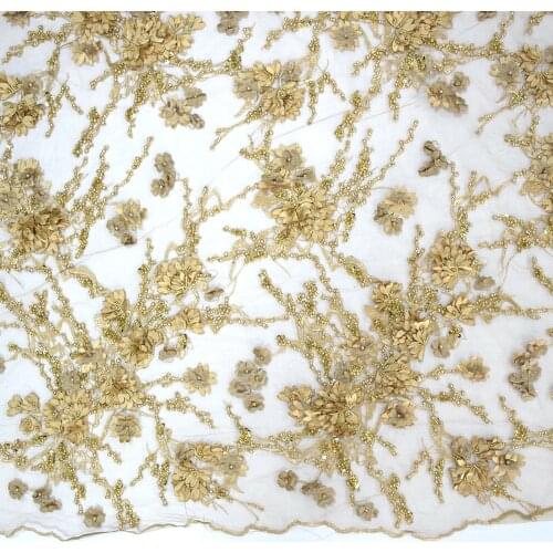 Luxury Gold Handmade Beaded Tulle 3D Flower Mesh Lace With Pearls And Sequins Fabric HY0887
