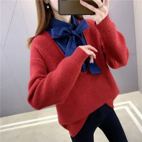 Room 193602, row 1, No.5 Middle] real photo shirt stitching bowknot Pullover 57