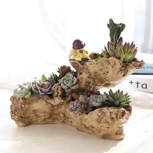 Resin Succulent Flower Pot, Driftwood Three-hole Stone Shape Planter Sculpture Cactus Container