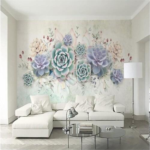 Fresh 3D succulents watercolor style TV background wall custom wallpaper mural decoration