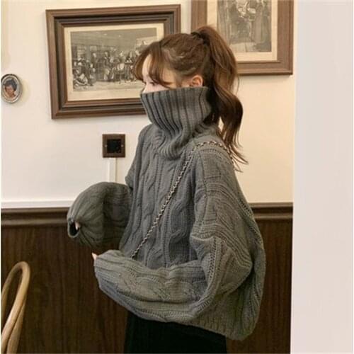 Thick Retro Hong Kong-Style Turtleneck Sweater Women Loose Outer Wear New Year New Autumn And Winter Lazy Wind Short Paragraph