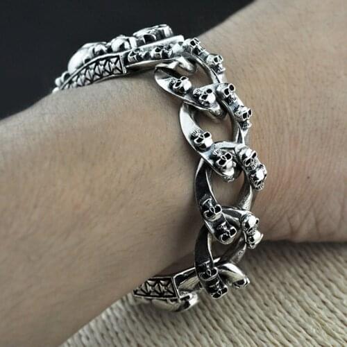 Heavy Thai Silver Men Bracelets 925 Sterling Silver Skeleton Skull Bracelets for Men Punk Vintage Skull Chain Bracelets Jewelry