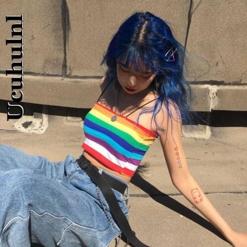 Ucuhulnl Woman Tshirts Goth Y2t Rainbow Tops Harajuku Top Sexy T-shirt Cartoon Street Retro Print Camisole Clothes Ultrashort