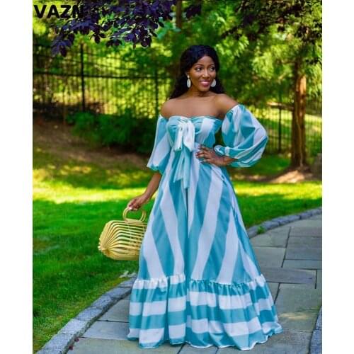 VAZN 2020 New Top Quality Plus Size Striped Holiday Chiffon Young Sexy Slash Neck Half Puff Sleeve Women A-line Maxi Dress