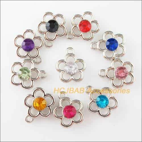 30Pcs Dull Silver Plated Mixed Crystal Flower Star Charms Pendants 15x17mm