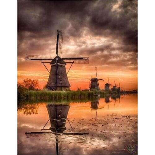5D DIY Diamond Painting "Windmill Landscape" Embroidery Cross Stitch 3D Decoration WG2177