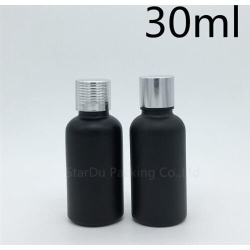 Free Shipping 500pcs 30ML Black Frosted Glass Bottle Vials Essential Oil Bottle with silvery screw cap 30cc Perfume bottles