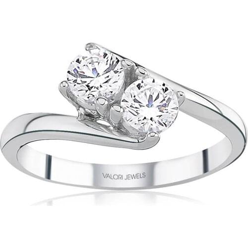 Valori Jewels 0.80 Carat, Zirconia White Round Gemstone, Rhodium Plated, Two Stone Ring