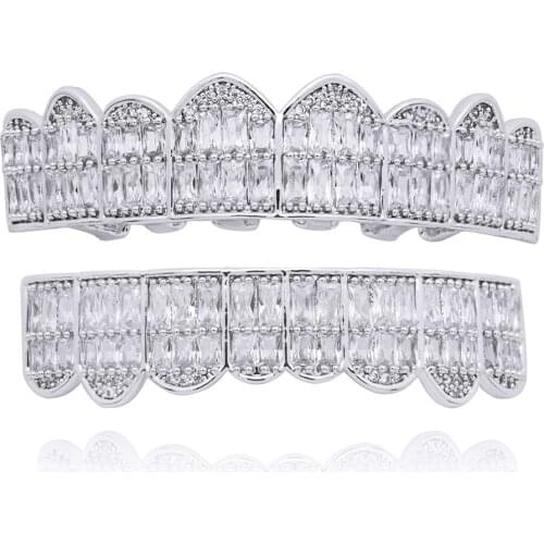 Hip Hop Grillz Iced Out AAA Zircon Fang Mouth Teeth Grillz Caps Top Bottom Grills Set For Men Women Vampire Teeth Jewelry