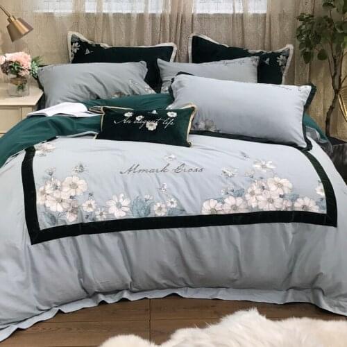 80S Egyptian Cotton Luxury Embroidery Bedding Set 4pcs King Queen Size Pastoral Bed Sheet Cover set Duvet cover Pillowcase blue