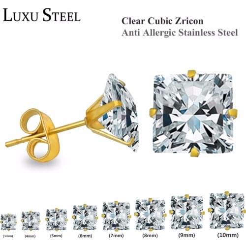 LUXUSTEEL 10pairs/Card 316L Stainless Steel Different Color Round/Square Shaped Brilliant Cubic Zircon Stud Earring Sets Bijoux