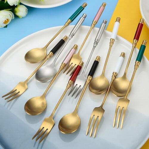 Stainless Steel Spoon Fork Retro Palace Style Cylindrical Handle Coffee Spoon Dessert Fork Kitchen Supplies