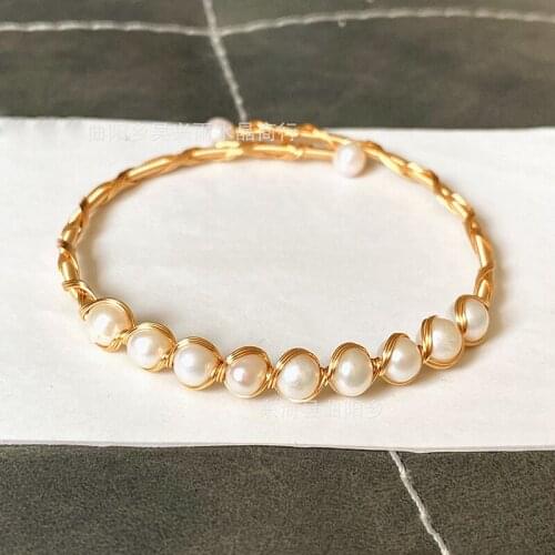 Fashion Freshwater Natural Pearls Cuff Bracelets White/Purple Pearl Vintage Handmade Copper Strand Golden Wedding Bracelet Gift